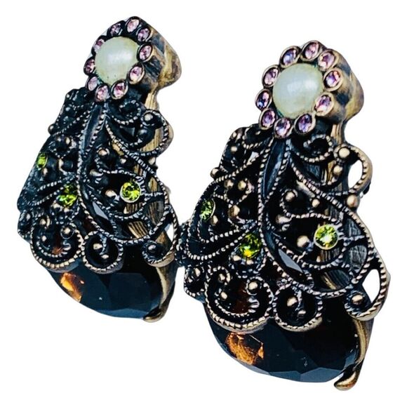 Hobe Crystal Filagree Clip On Earrings 2" Signed Legendary Splendor Jewels - Picture 4 of 15